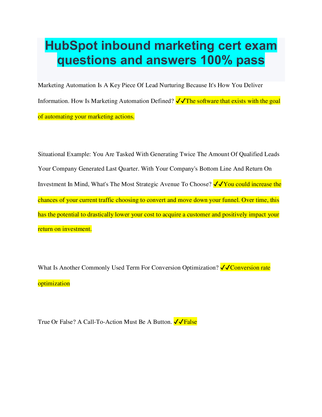 Preview of HubSpot inbound marketing cert exam questions and answers 100% pass